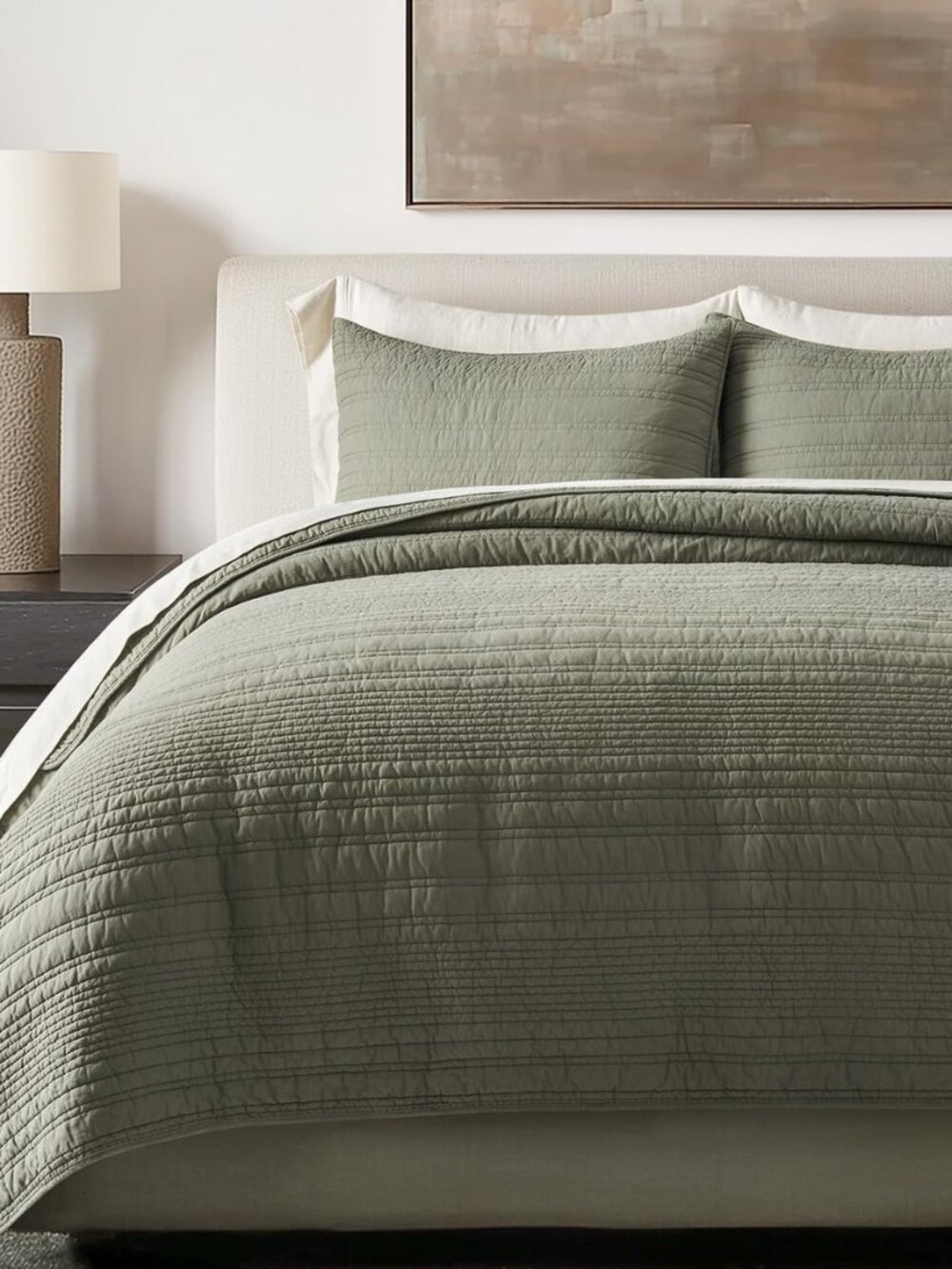 EVERGRACEHOME 100% Cotton Modern Lines Quilt Set King Size, Olive Green